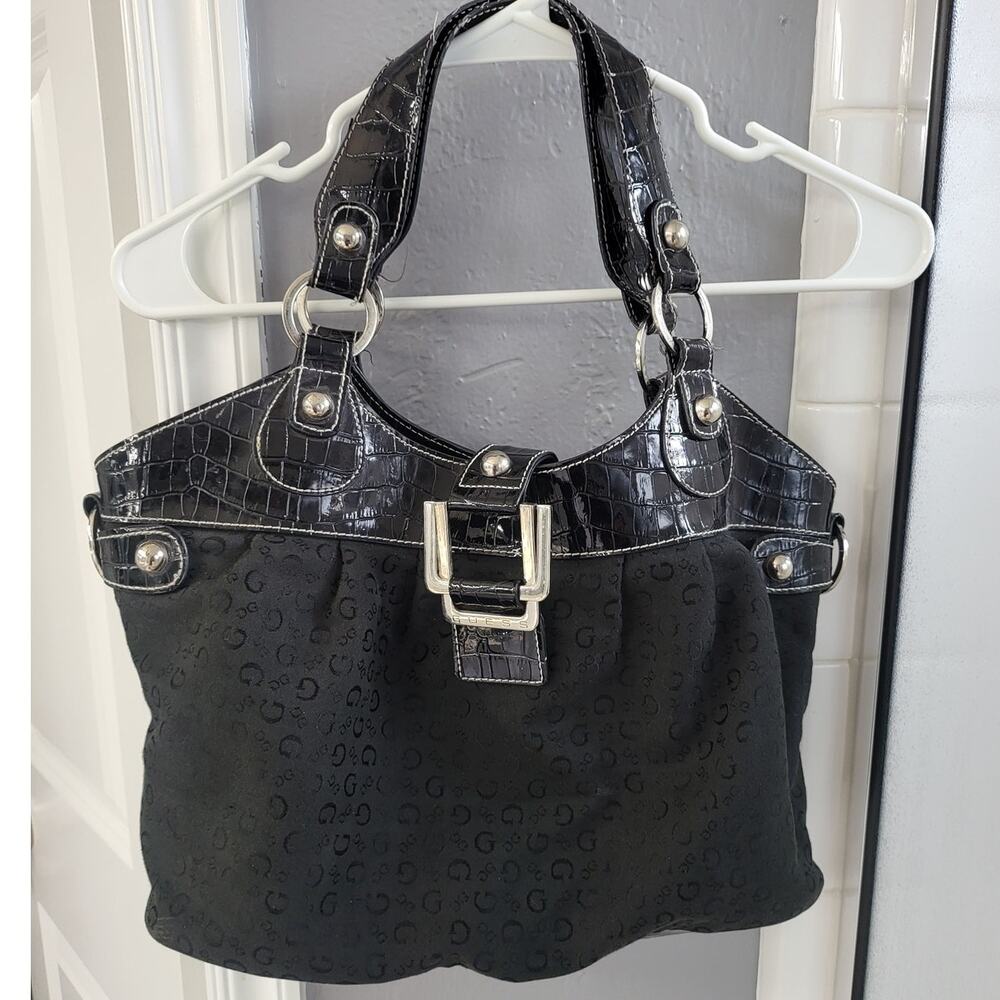 Guess Vintage Black and Silver Large Shoulder Bag